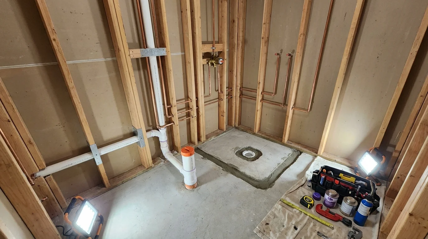 Bathroom rough-in plumbing during remodel by Johns Plumbing LLC in Kaunakakai