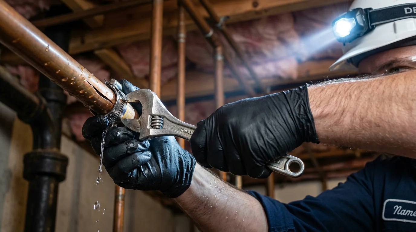 Emergency pipe clamp repair being performed by a Johns Plumbing LLC plumber in Kaunakakai