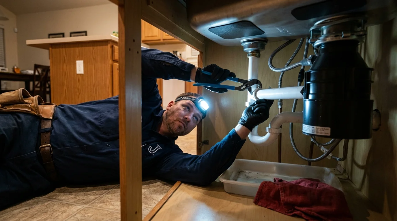 P-trap and supply line connections under a kitchen sink showing a common leak point in Kaunakakai, HI